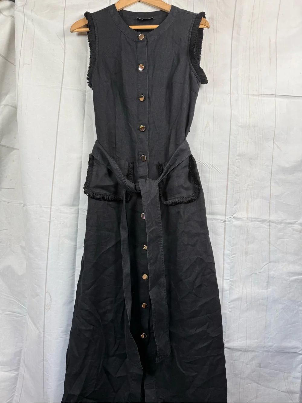 J.Crew Maxi DressLinen Blend Fringe Trim Button Front Gold Button Size XS